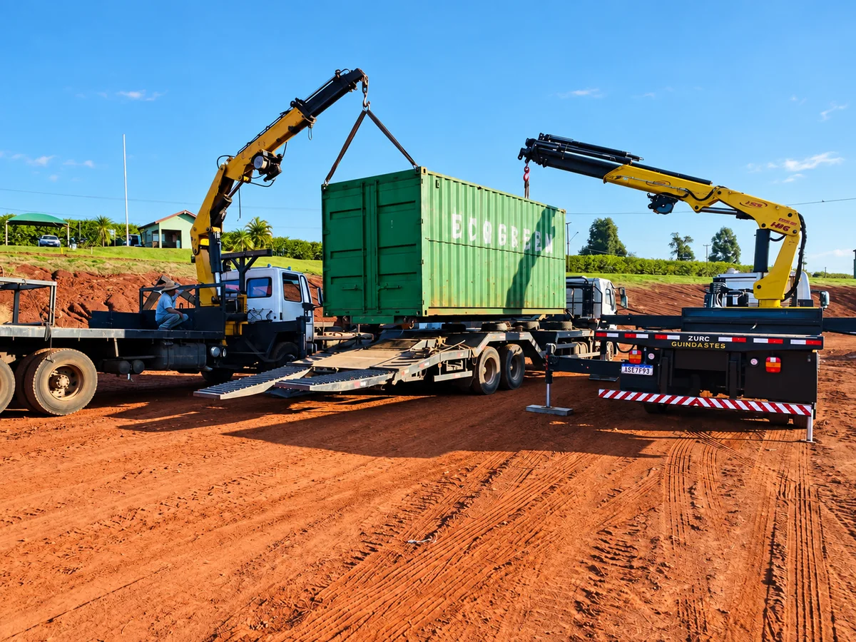 Dois caminhões Munck da Zurc realizando o içamento de um contêiner verde